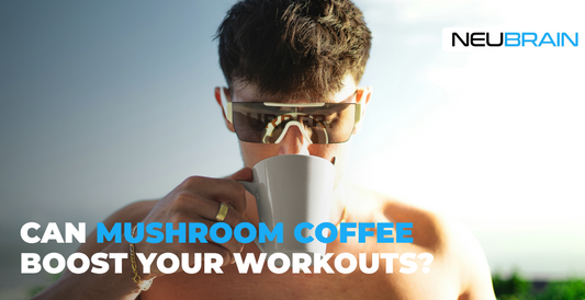 Athletic man drinking mushroom pre-workout coffee with text “Can Mushroom Coffee Boost Your Workouts?” and NeuBrain branding