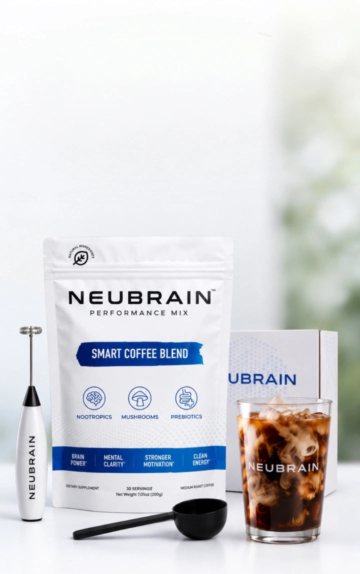 Neubrain Smart Coffee Starter Kit with frother, pouch, and iced coffee